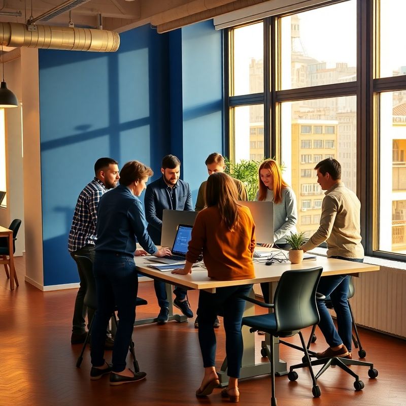 Equipo fintech colaborando en una oficina de Bilbao con iluminación índigo