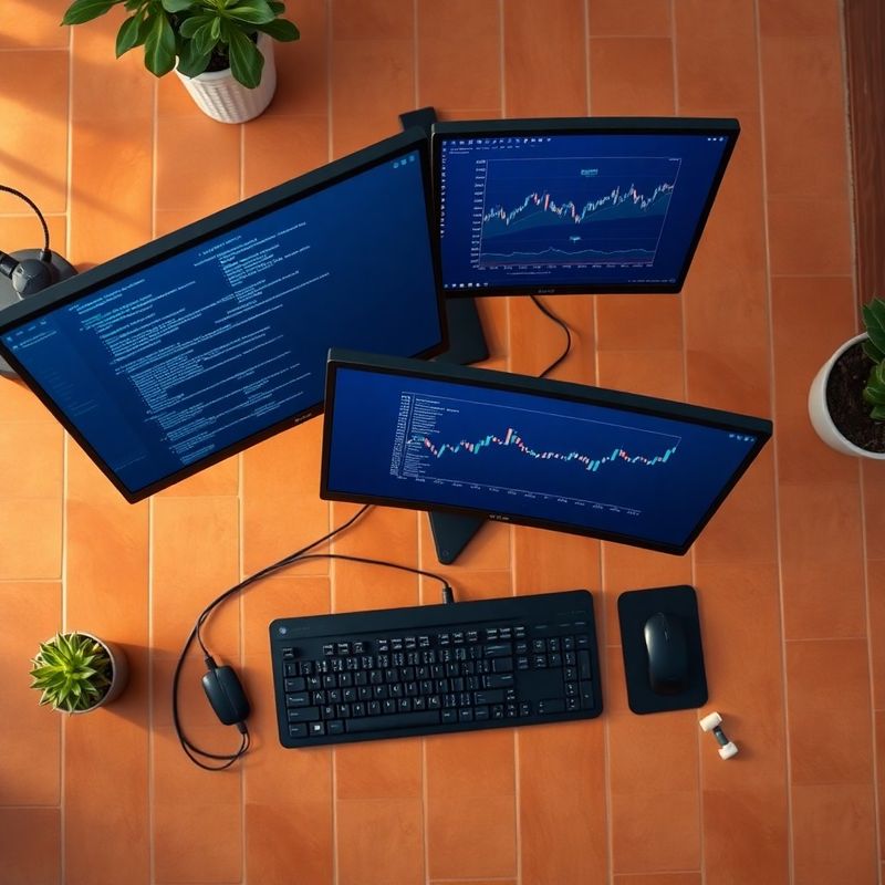 Estación de desarrollo con código de estrategia y gráfico de backtesting en tonos índigo
