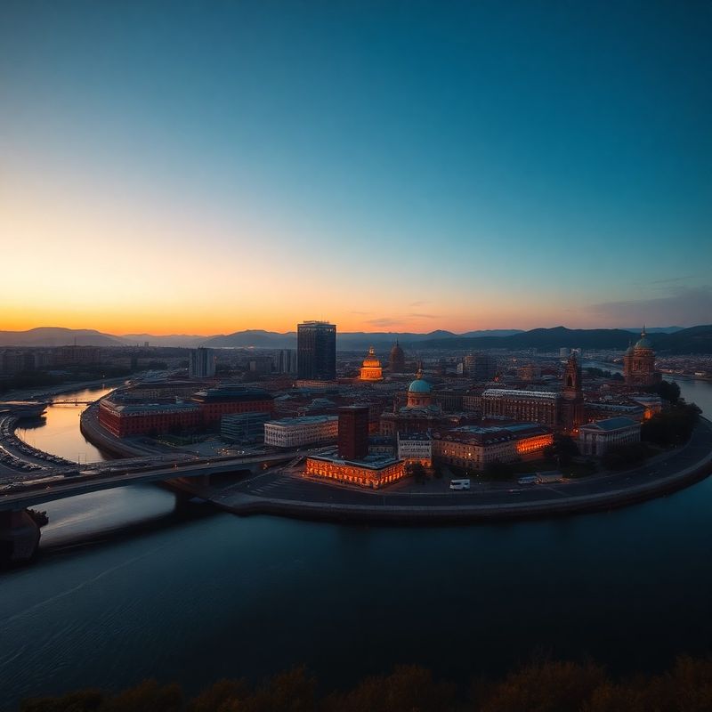 Vista aérea del skyline de Bilbao al atardecer con reflejos índigo en el Nervión